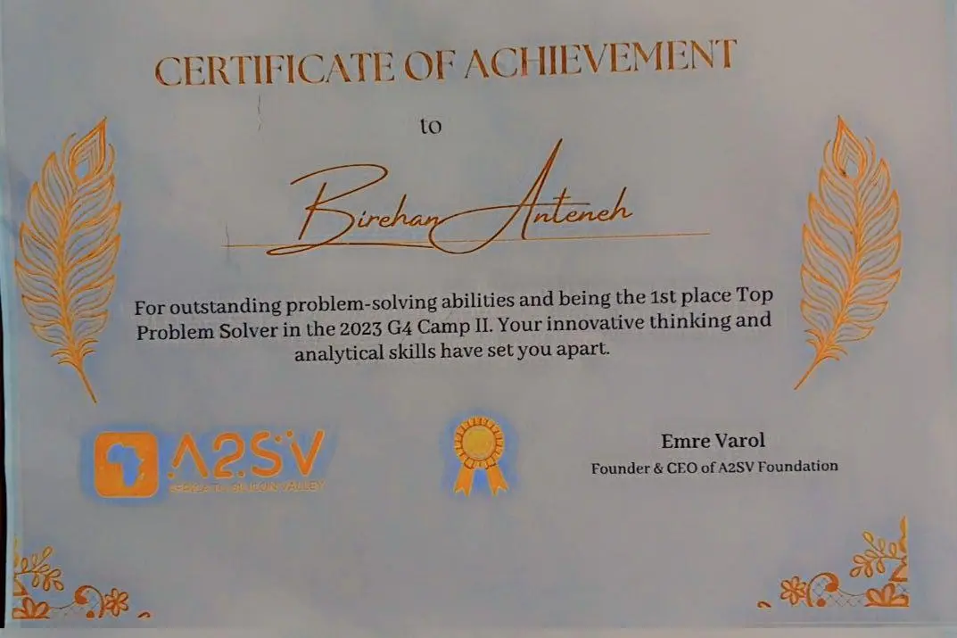 Top Problem Solver, Competitive Programming certificate awarded to Birehan Zewdie