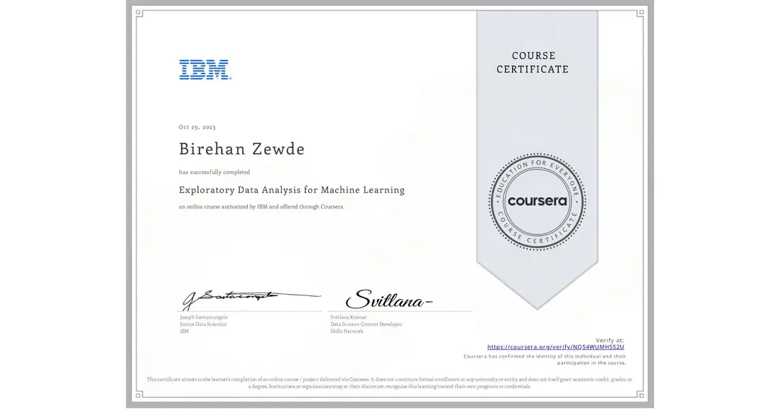 Exploratory Data Analysis for Machine Learning from IBM, Coursera certificate awarded to Birehan Zewdie